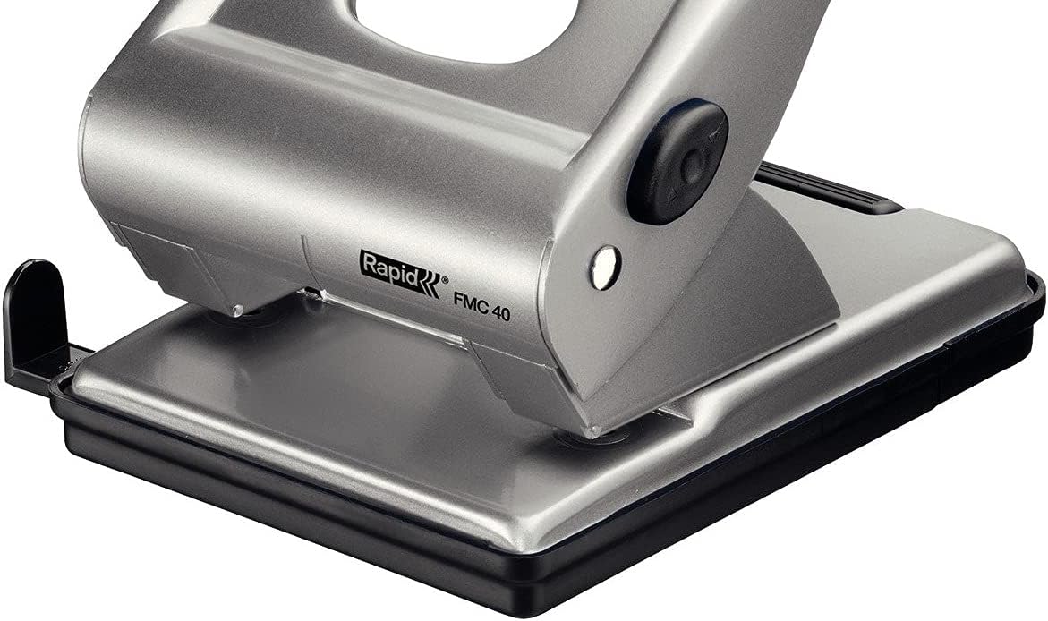 Rapid FMC40 2 Hole Punch, Punches up to 40 Sheets, Adjustable Guide Bar, Metal, Silver, 21835602 Brilliant Silver 40 Sheets