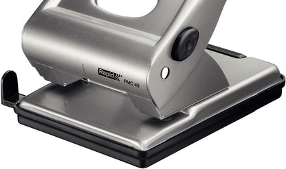 Rapid FMC40 2 Hole Punch, Punches up to 40 Sheets, Adjustable Guide Bar, Metal, Silver, 21835602 Brilliant Silver 40 Sheets