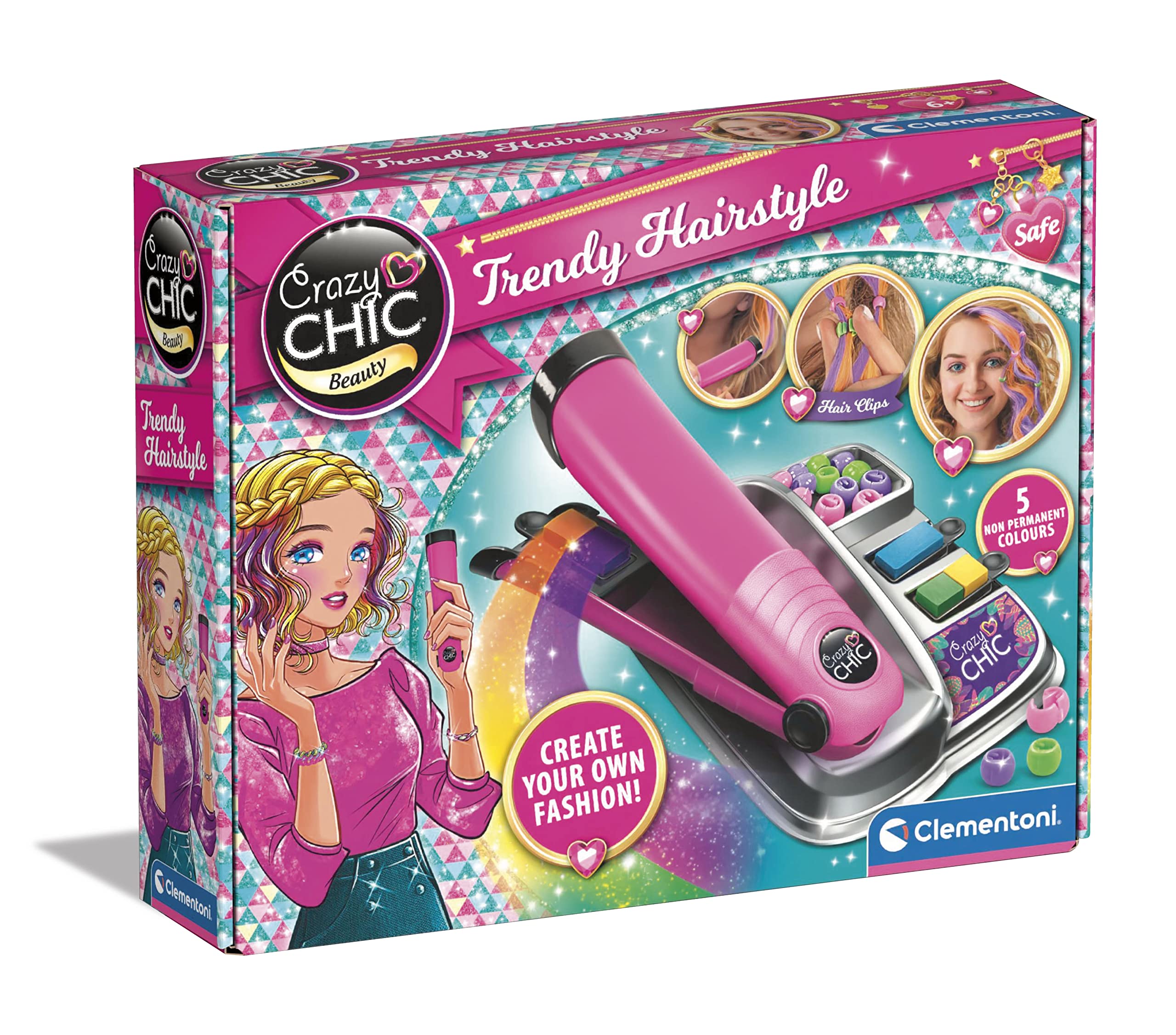 Clementoni 18750 Crazy Chic-Trendy Hairstyle-Hair Chalk Set, Washable Colour Brush, Art and Crafts for Kids Ages 6, Creative Toys, Gift for Girls, Multilingual