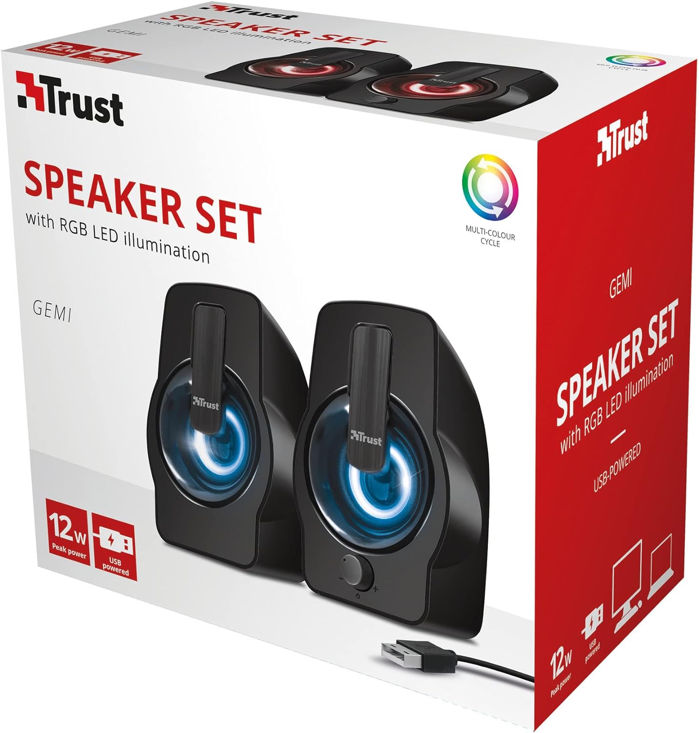 Trust Gemi RGB LED 2.0 PC Speakers for Computer and Laptop, 12 W, USB Powered, Illuminated - Black