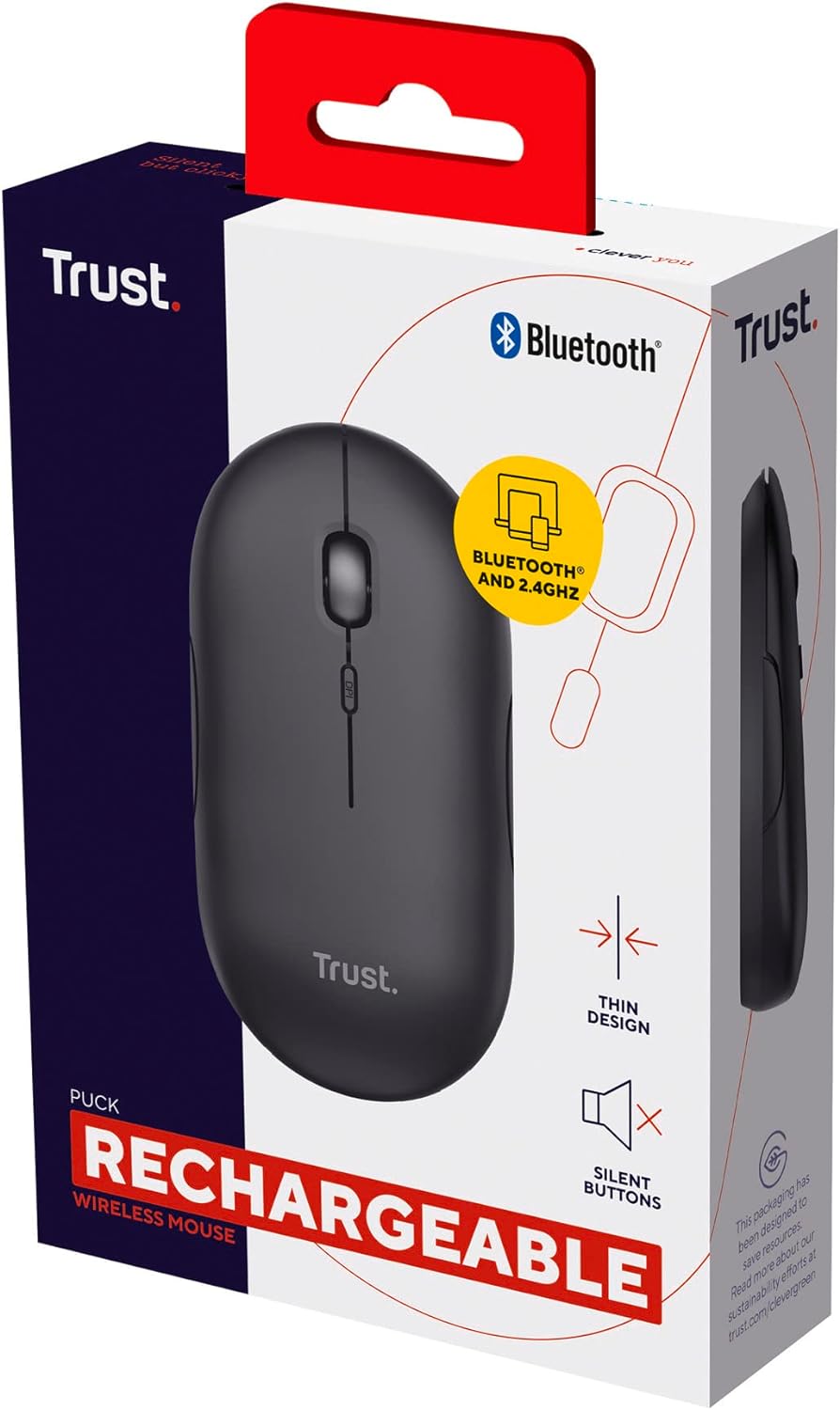 Trust Puck Wireless Mouse, Bluetooth or 2.4 GHz with USB Mini-Receiver, Rechargeable Battery, Silent Clicks, DPI Button, Light Computer Mouse for Laptop, PC, Mac, Chromebook