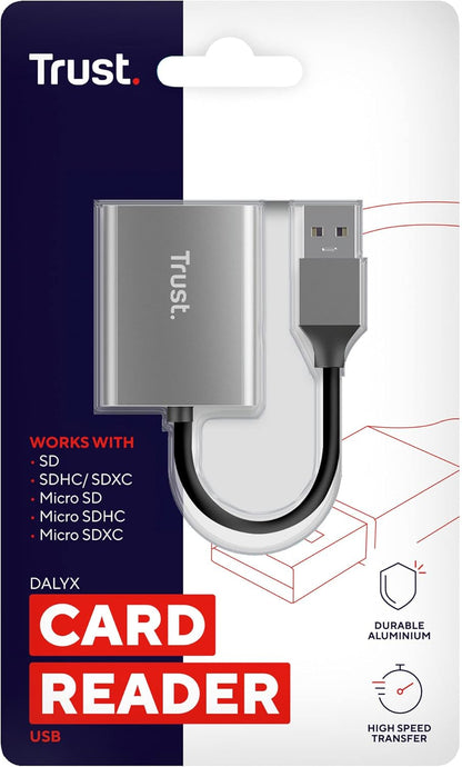 Trust Dalyx Fast USB Cardreader, Fast USB 3.2 Gen 1 with USB-A connector, 104 MB/s with compatible UHS-I cards, (micro) SD, SDHC and SDXC up to 2 TB, MacBook, PC, Laptop, Chromebook