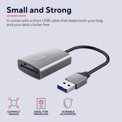 Trust Dalyx Fast USB Cardreader, Fast USB 3.2 Gen 1 with USB-A connector, 104 MB/s with compatible UHS-I cards, (micro) SD, SDHC and SDXC up to 2 TB, MacBook, PC, Laptop, Chromebook