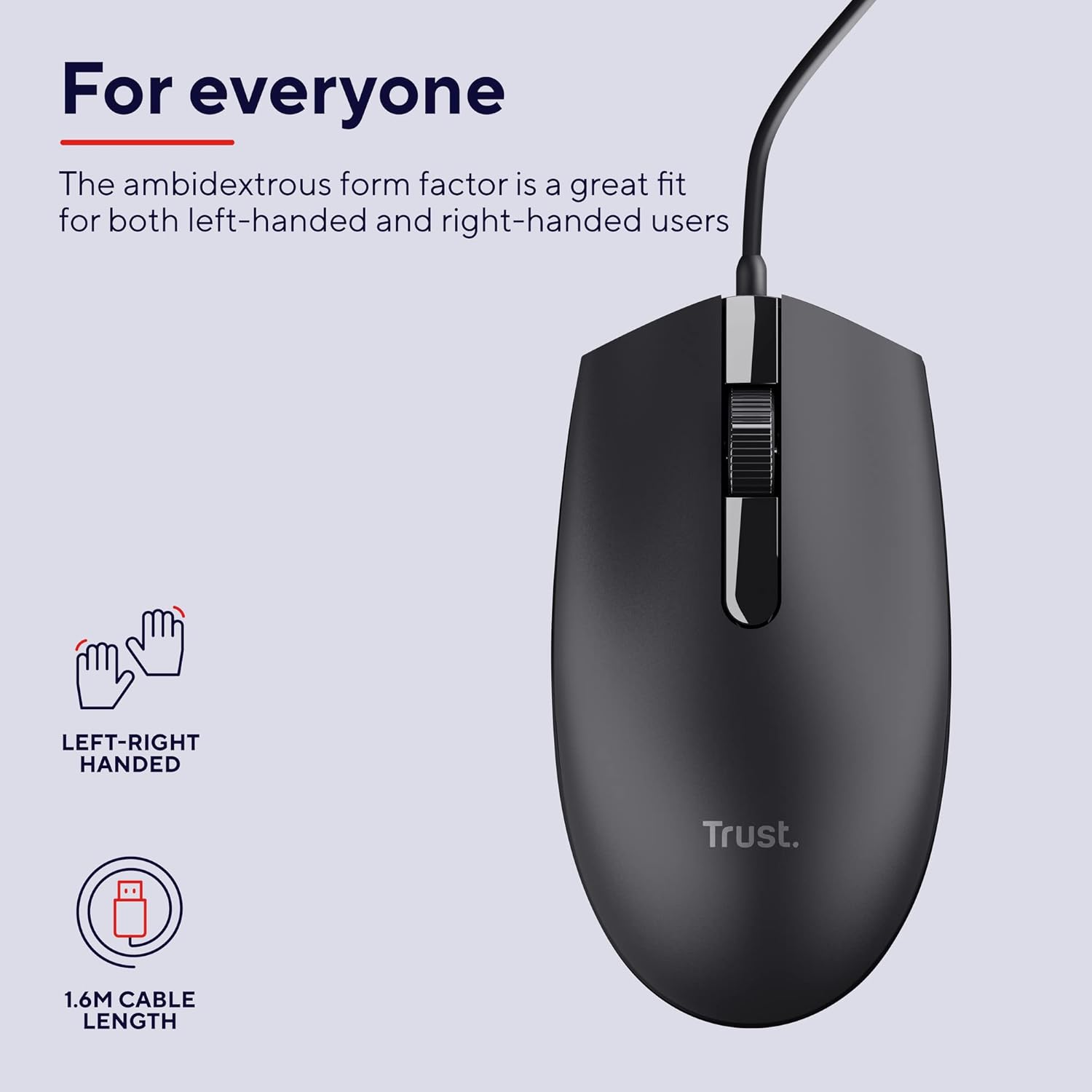 Trust Basi Computer Mouse with Optical Sensor, 3 Buttons, Wired Mouse for Left and Right Handed Users, 160 cm Cable, Plug & Play USB Mouse for PC, Laptop, Mac - Black