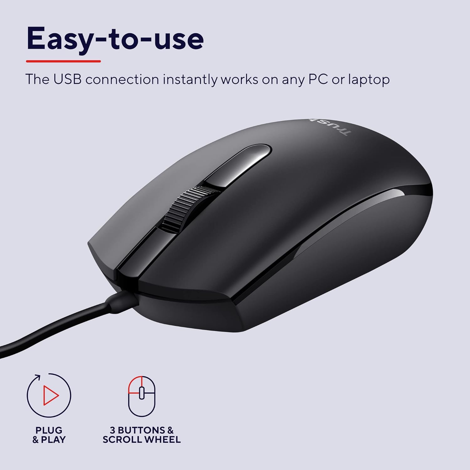 Trust Basi Computer Mouse with Optical Sensor, 3 Buttons, Wired Mouse for Left and Right Handed Users, 160 cm Cable, Plug & Play USB Mouse for PC, Laptop, Mac - Black