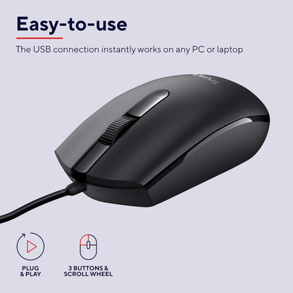 Trust Basi Computer Mouse with Optical Sensor, 3 Buttons, Wired Mouse for Left and Right Handed Users, 160 cm Cable, Plug & Play USB Mouse for PC, Laptop, Mac - Black