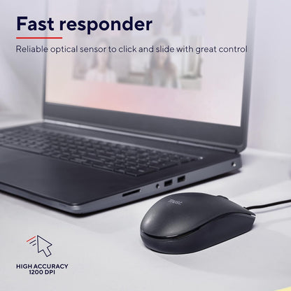 Trust Basi Computer Mouse with Optical Sensor, 3 Buttons, Wired Mouse for Left and Right Handed Users, 160 cm Cable, Plug & Play USB Mouse for PC, Laptop, Mac - Black