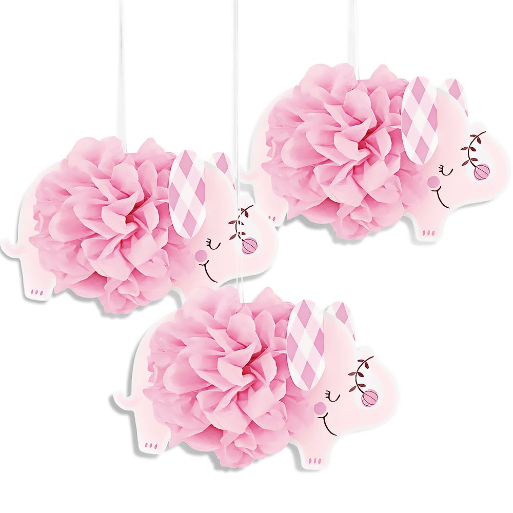 Charming Pink Floral Elephant Tissue Pom Pom Decorations (22cm) - Adorable & Unique Design - Perfect for Themed Parties, Showers & Celebrations - 3ct Pink Tissue Decoration