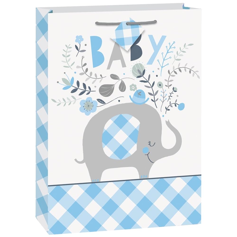 Elegant Blue Floral Elephant Jumbo Gift Bag (33cm x 45cm) - Beautiful, Unique & Stylish Design - Perfect for Special Occasions, Birthdays, Baby Showers - 1 Pc