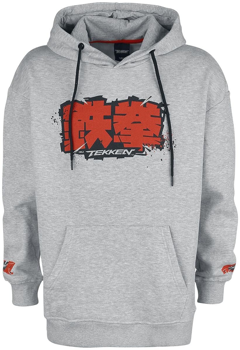 TEKKEN Men's Official Kanji Logo Hooded Sweatshirt Grey Pullover Size S