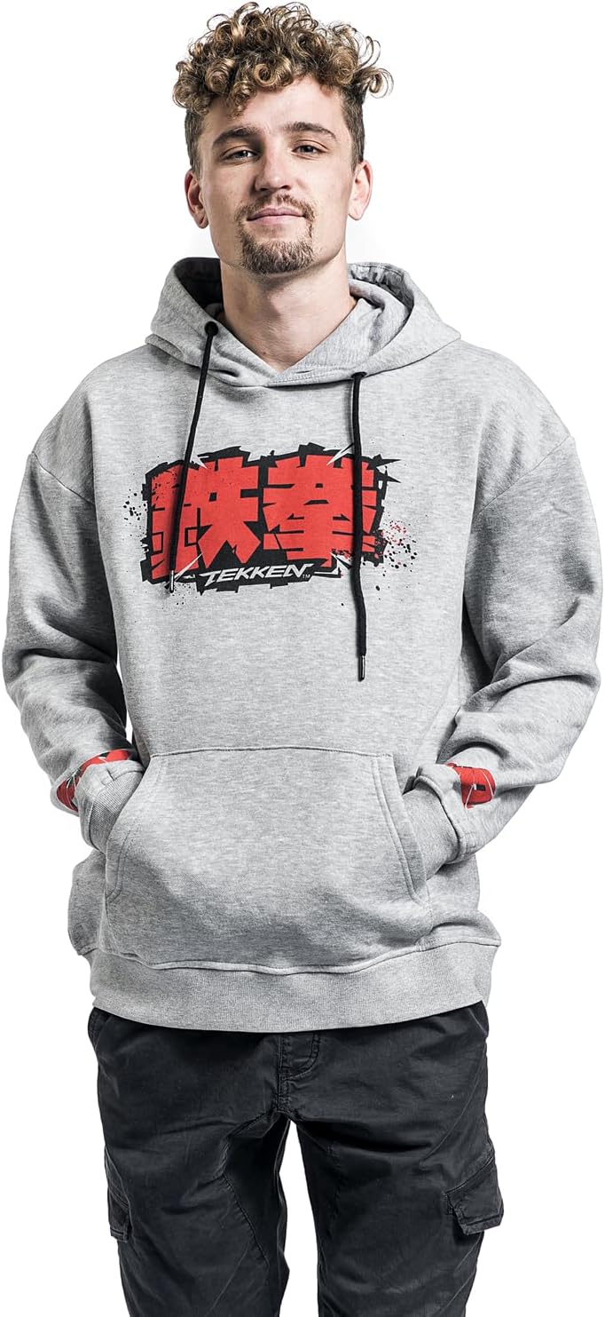 TEKKEN Men's Official Kanji Logo Hooded Sweatshirt Grey Pullover Size S