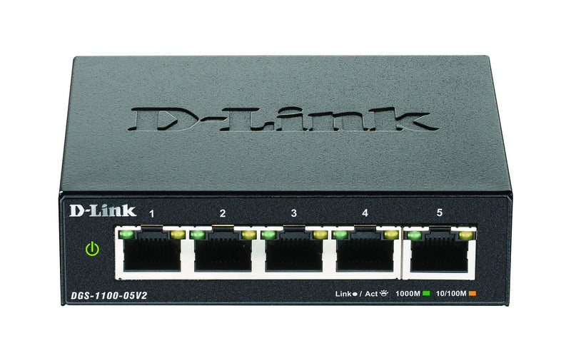 D-Link DGS-1100-05V2, Switch Smart 5 puertos Gigabit, RJ-45, Gestión web, Layer 2, VLAN, sobremesa, sin ventilador, IGMP Snooping, VoIP VLAN, QoS, Seguridad red, sin ventilador, Green