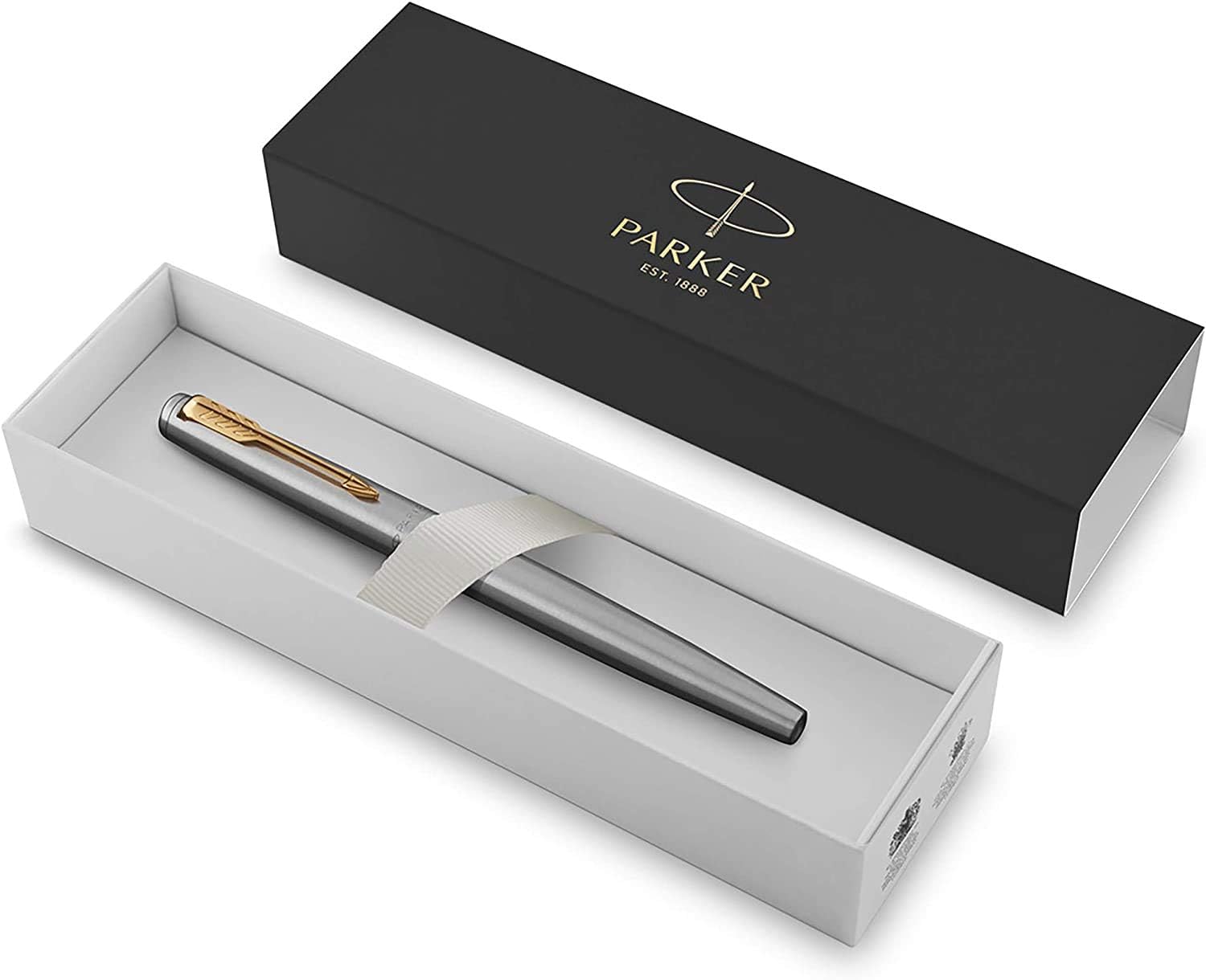 Parker Jotter Fountain Pen | Stainless Steel with Gold Trim | Medium Nib Blue Ink | Includes Gift Box