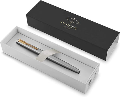 Parker Jotter Fountain Pen | Stainless Steel with Gold Trim | Medium Nib Blue Ink | Includes Gift Box