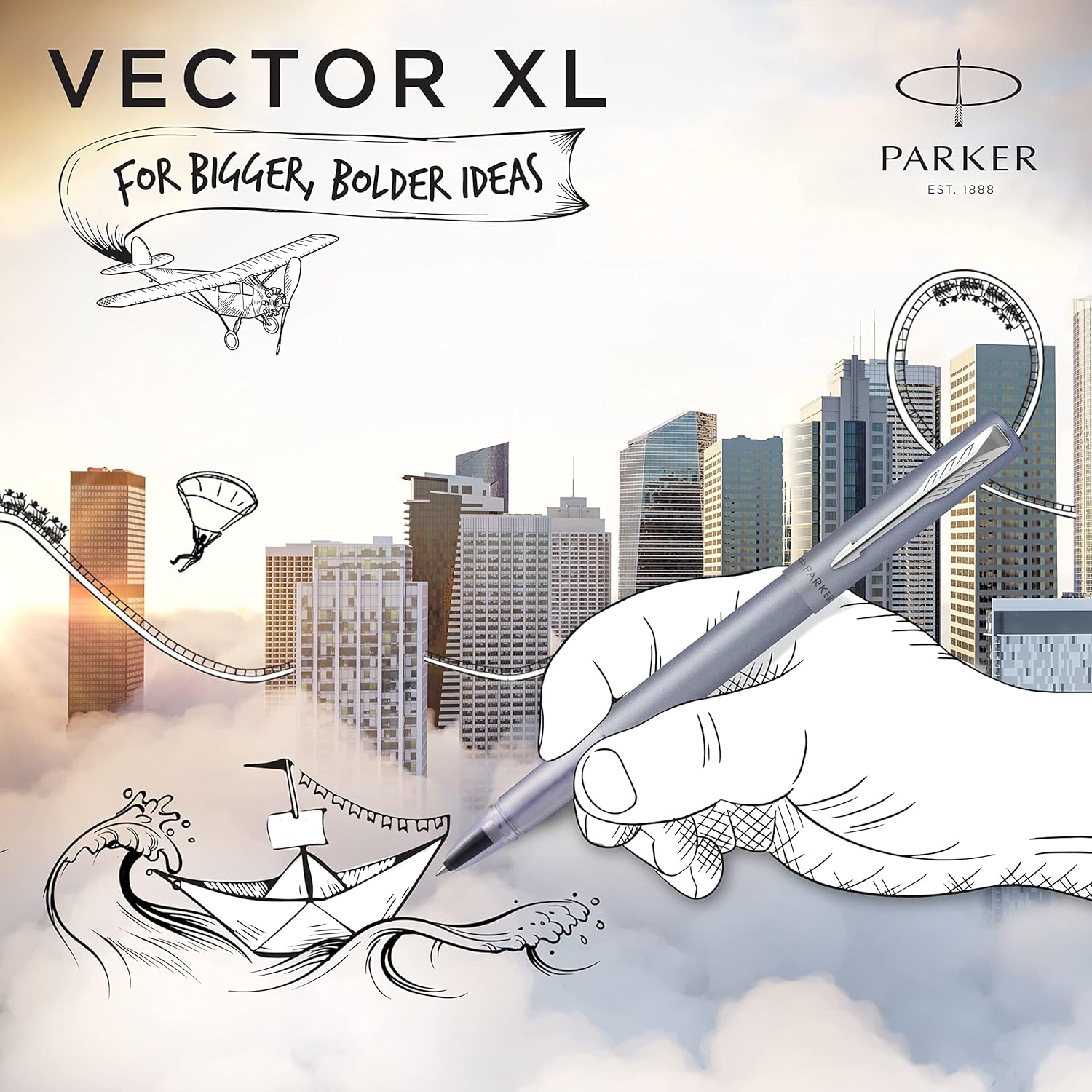 Parker Vector XL Rollerball Pen | Metallic Silver-Blue Lacquer on Brass | Fine Point with Black Ink Refill |