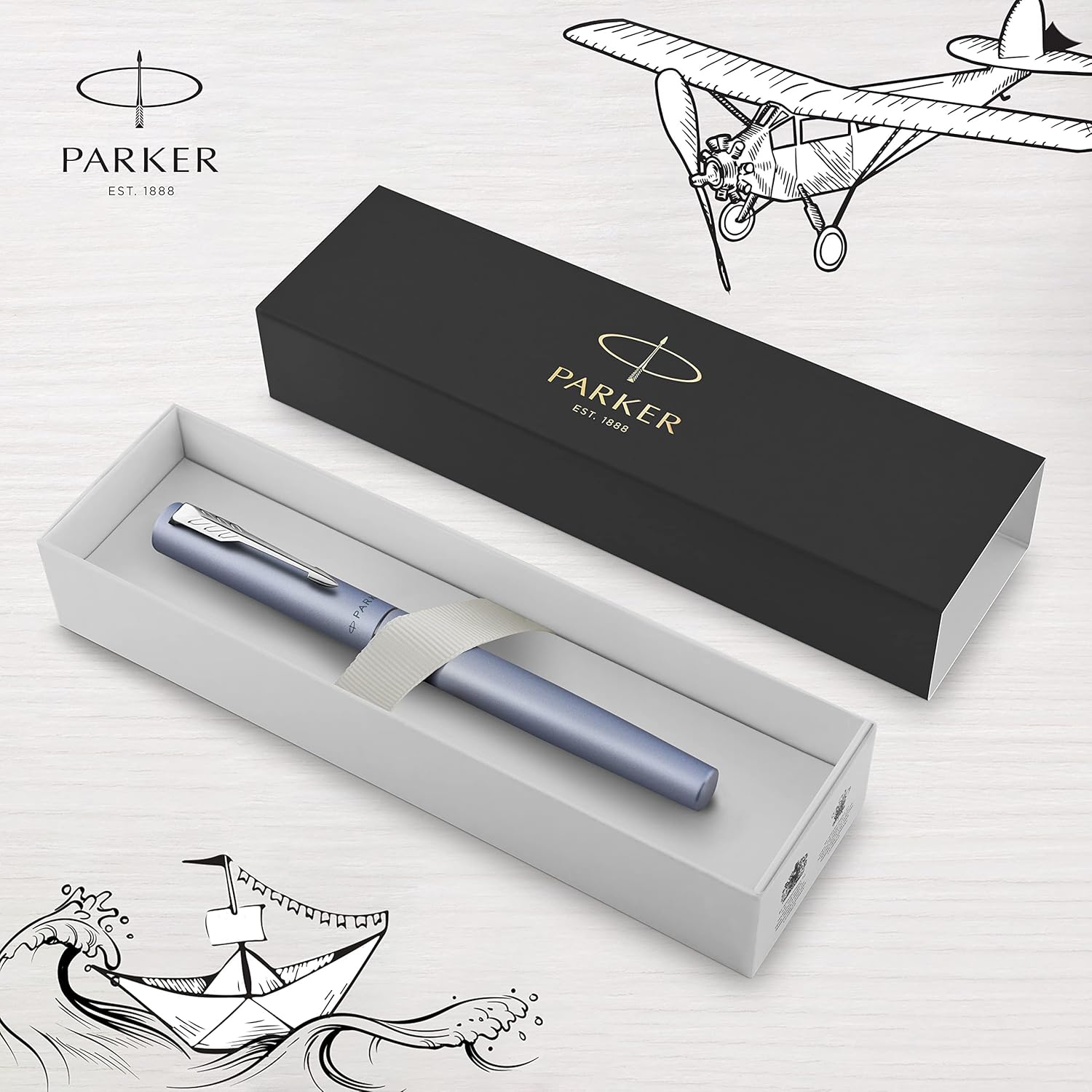 Parker Vector XL Rollerball Pen | Metallic Silver-Blue Lacquer on Brass | Fine Point with Black Ink Refill |