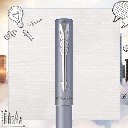 Parker Vector XL Rollerball Pen | Metallic Silver-Blue Lacquer on Brass | Fine Point with Black Ink Refill |