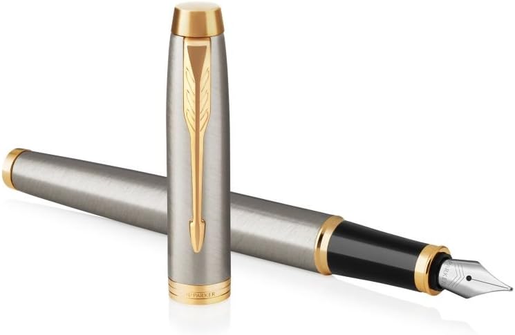 PARKER IM Fountain Pen, Brushed Metal, Medium Nib with Blue Ink Refill, Gift Box (1931656