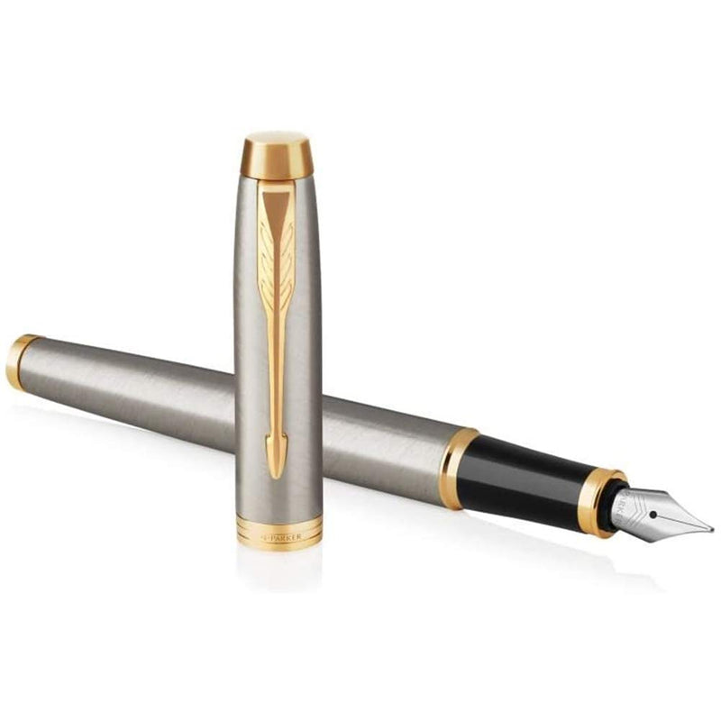 PARKER IM Fountain Pen, Brushed Metal, Medium Nib with Blue Ink Refill, Gift Box (1931656