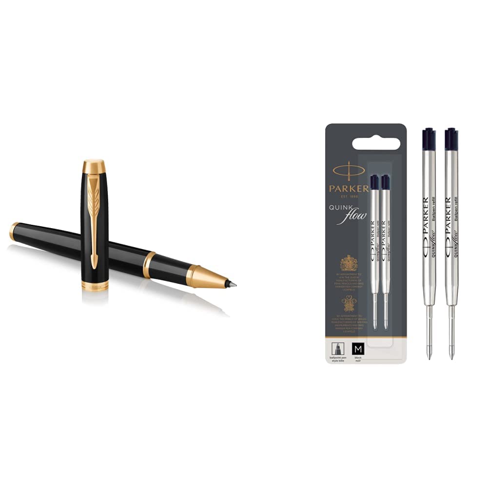 Parker IM Rollerball Pen | Black Lacquer with Gold Trim | Fine Point Black Ink | Gift Box