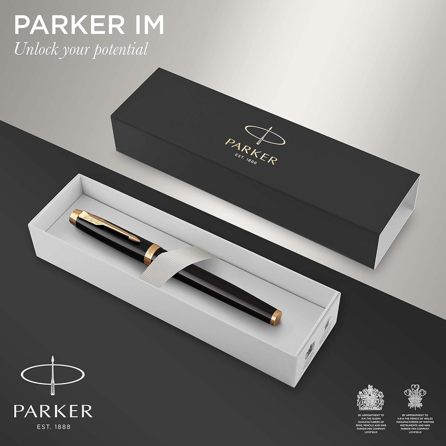 Parker IM Rollerball Pen | Black Lacquer with Gold Trim | Fine Point Black Ink | Gift Box