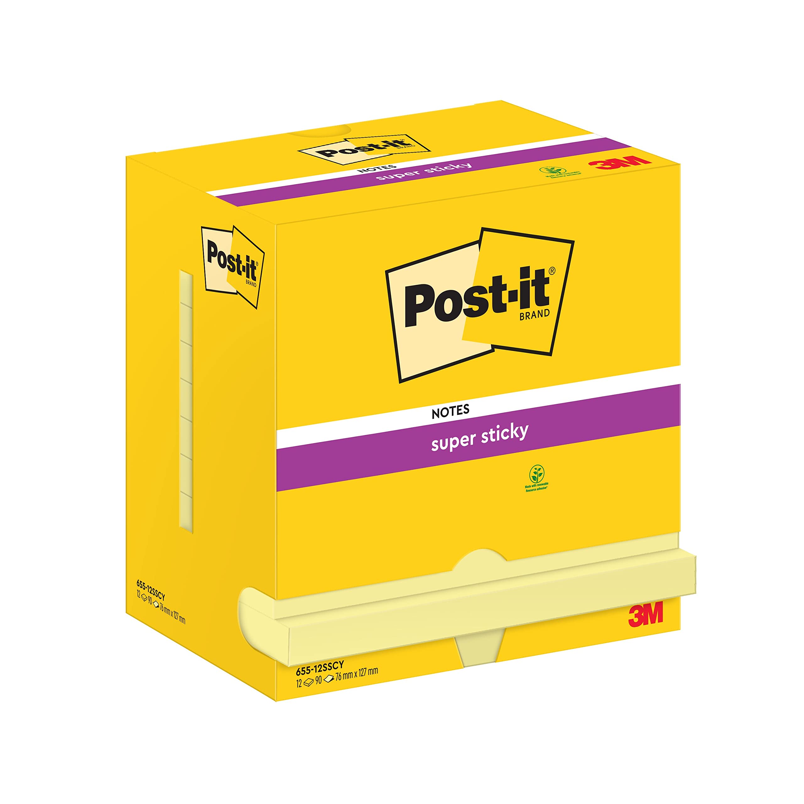 Post-it Super Sticky Notes Canary Yellow, Pack of 12 Pads, 90 Sheets per Pad, 76 mm x 127 mm- Extra Sticky Notes For Note Taking, To Do Lists & Reminders