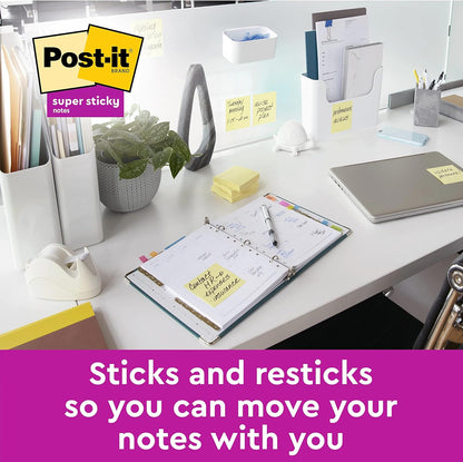 Post-it Super Sticky Notes Canary Yellow, Pack of 12 Pads, 90 Sheets per Pad, 76 mm x 127 mm- Extra Sticky Notes For Note Taking, To Do Lists & Reminders