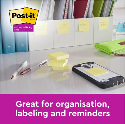 Post-it Super Sticky Notes Canary Yellow, Pack of 12 Pads, 90 Sheets per Pad, 76 mm x 127 mm- Extra Sticky Notes For Note Taking, To Do Lists & Reminders
