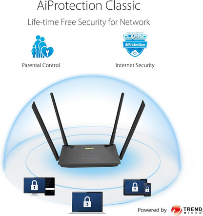 ASUS RT-AX53U Home Office Router kombinierbarer Router (Tethering als 4G und 5G Router-Ersatz, WiFi 6 AX1800, Gigabit, Quad-Core CPU, USB, AiProtection