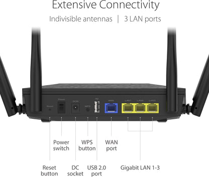 ASUS RT-AX53U Home Office Router kombinierbarer Router (Tethering als 4G und 5G Router-Ersatz, WiFi 6 AX1800, Gigabit, Quad-Core CPU, USB, AiProtection