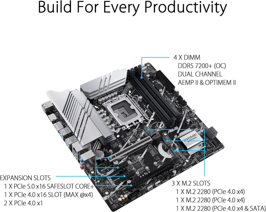 ASUS PRIME Z790M-PLUS Intel Z790 LGA 1700 Micro ATX Motherboard, 3 slo M.2, DDR5, HDMI, USB 3.2 Gen 2 Type-C, Thunderbolt USB4, Aura Sync
