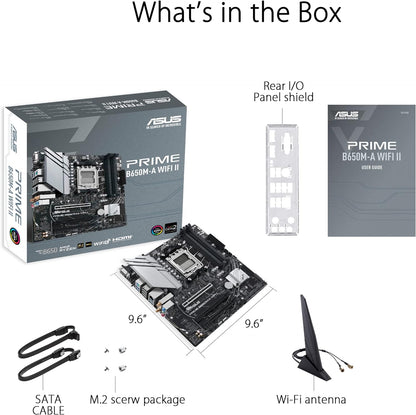 ASUS Prime B650M-A WiFi II AMD AM5 Micro-ATX Motherboard (DDR5, PCIe 5.0 M.2 support, 2.5Gb Ethernet, WiFi 6, DisplayPort, VGA, HDMI, SATA 6 Gbps, USB 3.2 Gen 2 ports, BIOS FlashBack, Arua Sync