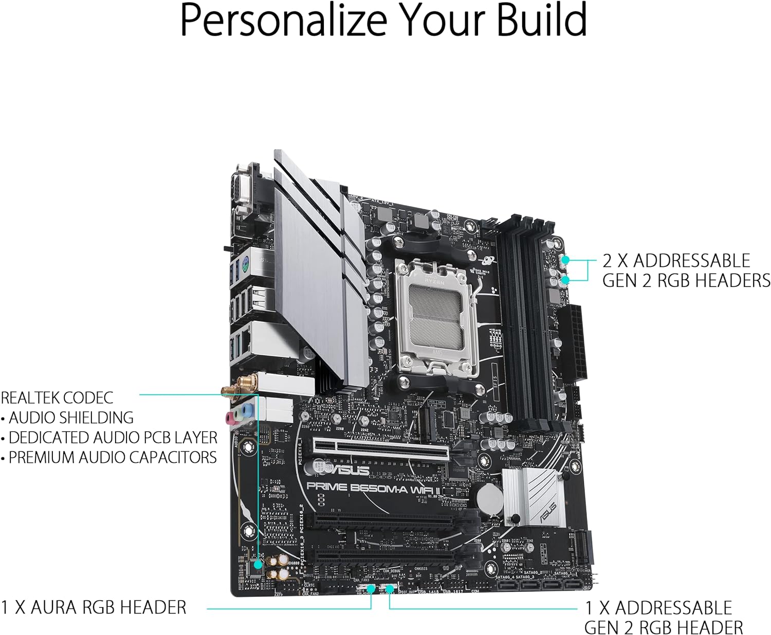 ASUS Prime B650M-A WiFi II AMD AM5 Micro-ATX Motherboard (DDR5, PCIe 5.0 M.2 support, 2.5Gb Ethernet, WiFi 6, DisplayPort, VGA, HDMI, SATA 6 Gbps, USB 3.2 Gen 2 ports, BIOS FlashBack, Arua Sync