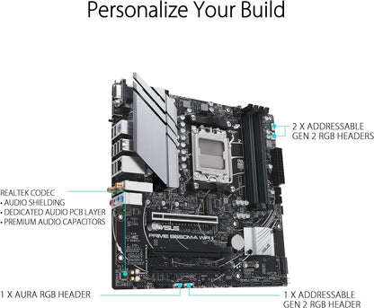 ASUS Prime B650M-A WiFi II AMD AM5 Micro-ATX Motherboard (DDR5, PCIe 5.0 M.2 support, 2.5Gb Ethernet, WiFi 6, DisplayPort, VGA, HDMI, SATA 6 Gbps, USB 3.2 Gen 2 ports, BIOS FlashBack, Arua Sync