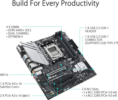 ASUS Prime B650M-A WiFi II AMD AM5 Micro-ATX Motherboard (DDR5, PCIe 5.0 M.2 support, 2.5Gb Ethernet, WiFi 6, DisplayPort, VGA, HDMI, SATA 6 Gbps, USB 3.2 Gen 2 ports, BIOS FlashBack, Arua Sync