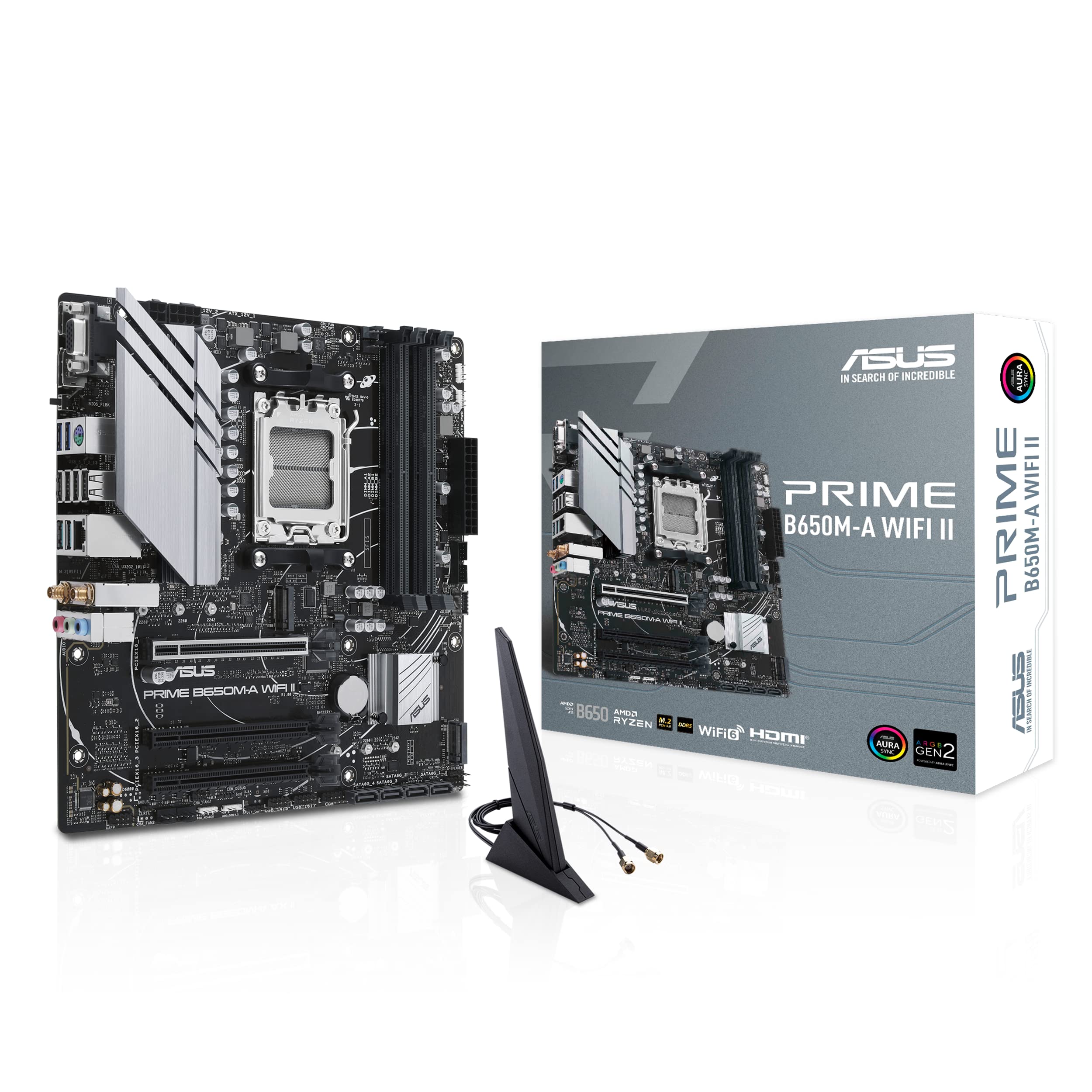 ASUS Prime B650M-A WiFi II AMD AM5 Micro-ATX Motherboard (DDR5, PCIe 5.0 M.2 support, 2.5Gb Ethernet, WiFi 6, DisplayPort, VGA, HDMI, SATA 6 Gbps, USB 3.2 Gen 2 ports, BIOS FlashBack, Arua Sync