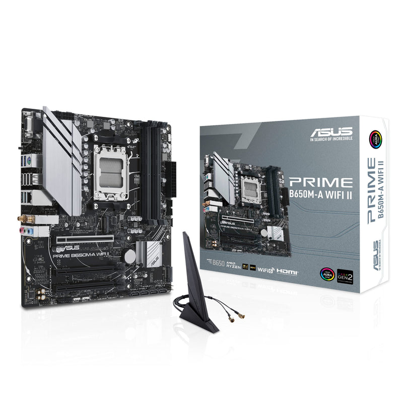 ASUS Prime B650M-A WiFi II AMD AM5 Micro-ATX Motherboard (DDR5, PCIe 5.0 M.2 support, 2.5Gb Ethernet, WiFi 6, DisplayPort, VGA, HDMI, SATA 6 Gbps, USB 3.2 Gen 2 ports, BIOS FlashBack, Arua Sync
