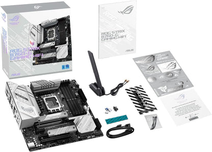 ASUS ROG STRIX B760-G GAMING WIFI Intel B760 LGA 1700 white mATX motherboard with 12 + 1 power stages, DDR5, PCIe 5.0 x16 SafeSlot, two PCIe 4.0 M.2 slots, WiFi 6E, 2.5G Ethernet, and Aura Sync