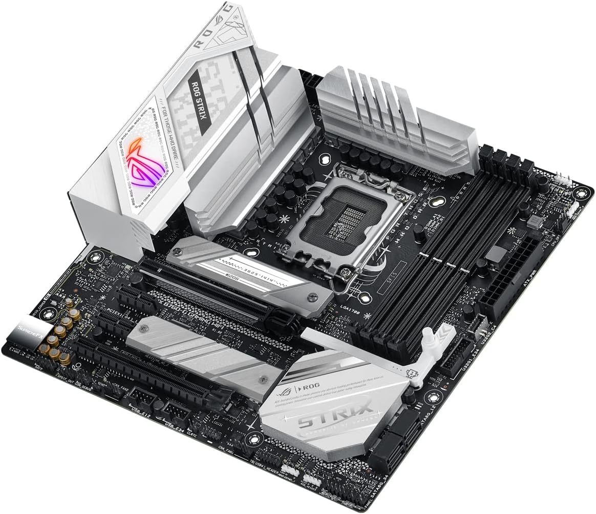 ASUS ROG STRIX B760-G GAMING WIFI Intel B760 LGA 1700 white mATX motherboard with 12 + 1 power stages, DDR5, PCIe 5.0 x16 SafeSlot, two PCIe 4.0 M.2 slots, WiFi 6E, 2.5G Ethernet, and Aura Sync