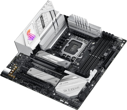 ASUS ROG STRIX B760-G GAMING WIFI Intel B760 LGA 1700 white mATX motherboard with 12 + 1 power stages, DDR5, PCIe 5.0 x16 SafeSlot, two PCIe 4.0 M.2 slots, WiFi 6E, 2.5G Ethernet, and Aura Sync