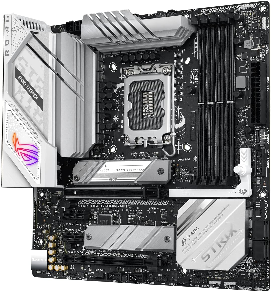 ASUS ROG STRIX B760-G GAMING WIFI Intel B760 LGA 1700 white mATX motherboard with 12 + 1 power stages, DDR5, PCIe 5.0 x16 SafeSlot, two PCIe 4.0 M.2 slots, WiFi 6E, 2.5G Ethernet, and Aura Sync