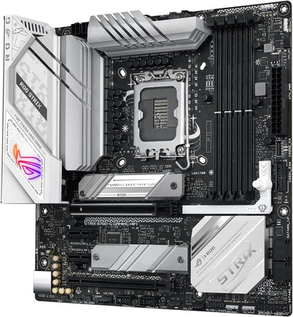 ASUS ROG STRIX B760-G GAMING WIFI Intel B760 LGA 1700 white mATX motherboard with 12 + 1 power stages, DDR5, PCIe 5.0 x16 SafeSlot, two PCIe 4.0 M.2 slots, WiFi 6E, 2.5G Ethernet, and Aura Sync