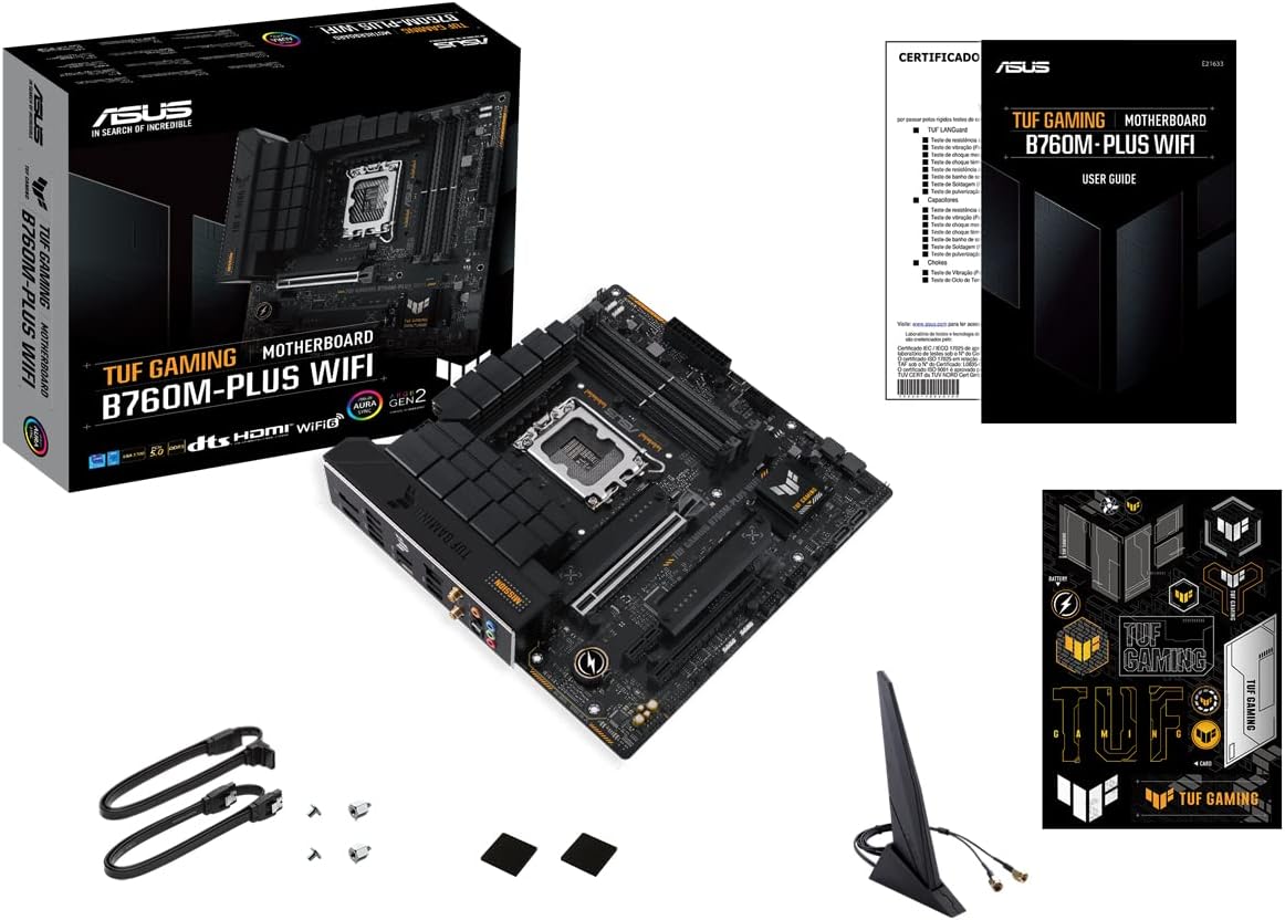 ASUS TUF GAMING B760M-PLUS WIFI Mainboard Sockel Intel LGA 1700 (Intel B760, mATX, DDR5 Speicher, PCIe 5.0, 2x M.2, WiFi 6, Thunderbolt 4, Aura Sync