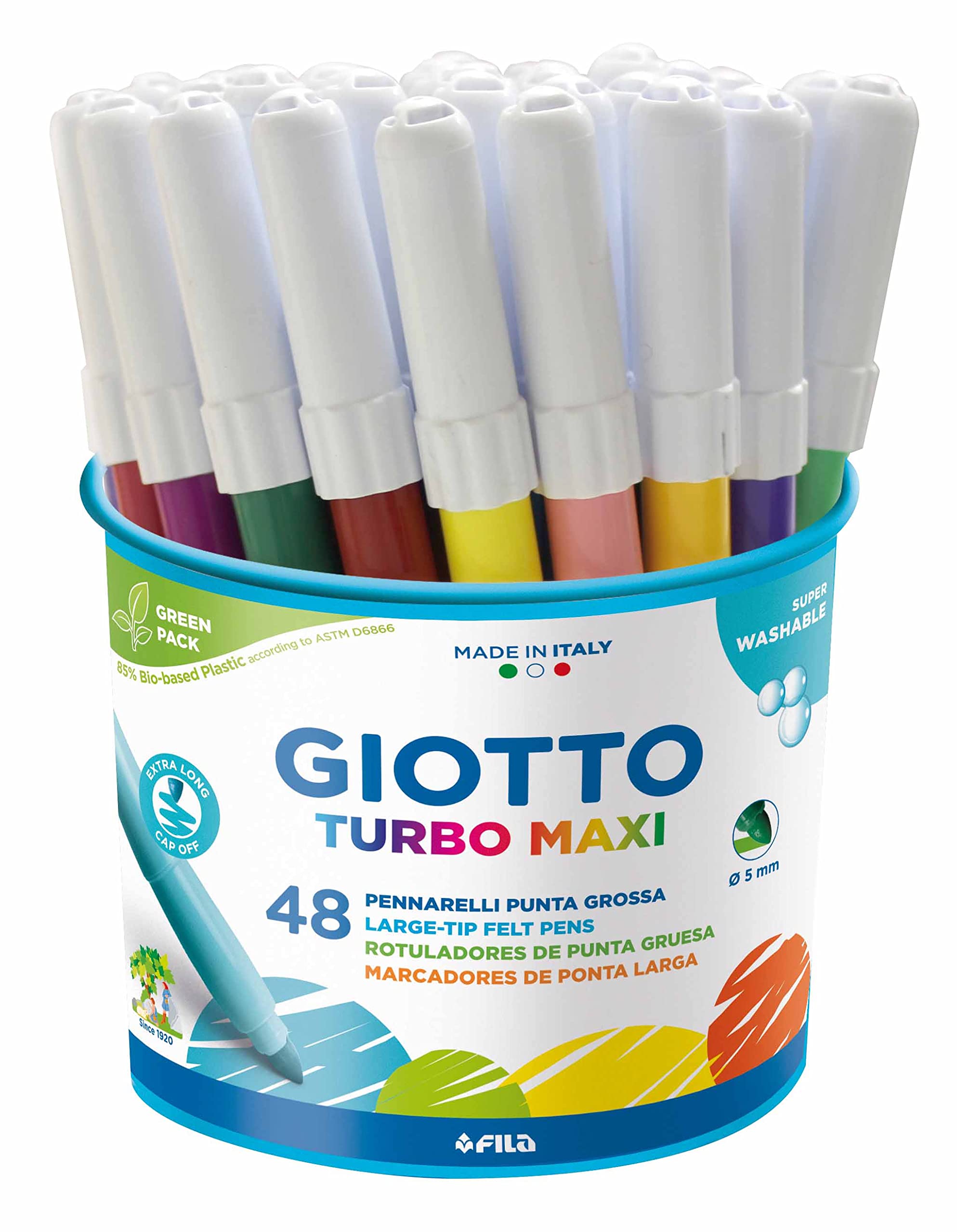 GIOTTO Turbo Maxi Super Washable Felt Tip Fibre Pens, 48 Pens, Large Tip Nib 5mm, Assorted Colours, Ideal for Children, Parties and Schools