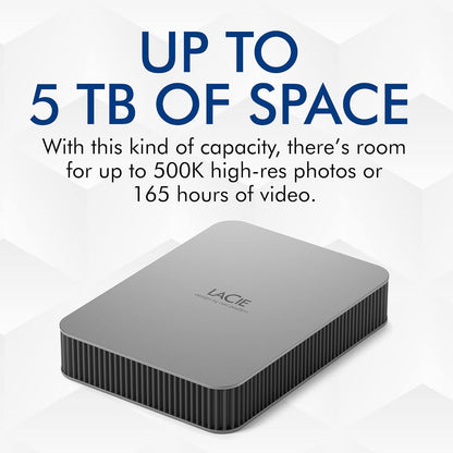 LaCie Mobile Drive, 1TB, External Hard Drive Portable - Moon Silver, USB-C 3.2, for PC and Mac, post-consumer recycled, with Adobe All Apps Plan and Rescue Services (STLP1000400