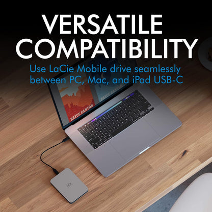 LaCie Mobile Drive, 1TB, External Hard Drive Portable - Moon Silver, USB-C 3.2, for PC and Mac, post-consumer recycled, with Adobe All Apps Plan and Rescue Services (STLP1000400