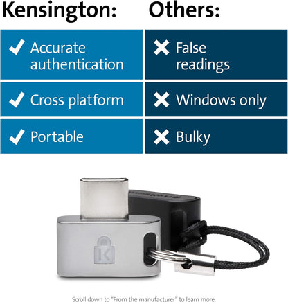 Kensington Fingerprint Key -VeriMark Guard USB-C Fingerprint Key, Biometric Key for Laptops, Tablets, iPads, & Notebooks - Protects Laptop & Supports Windows, Chrome, macOS and iOS (K64709WW), Silver