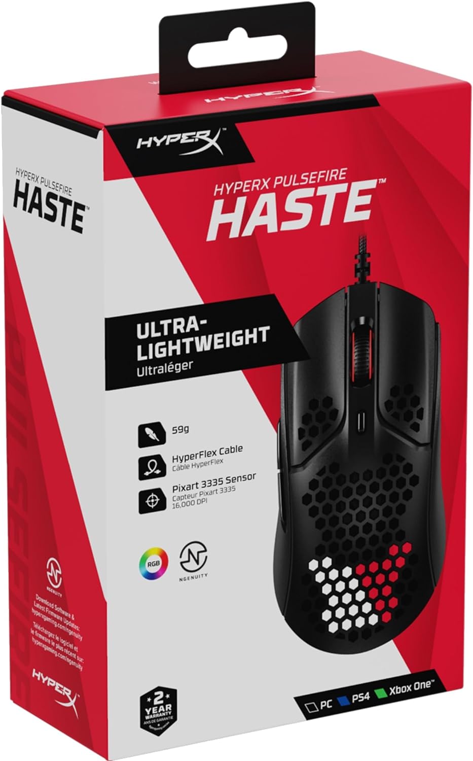 HyperX Pulsefire Haste – Gaming Mouse – Ultra-Lightweight, 59g, Honeycomb Shell, Hex Design, HyperFlex Cable, Up to 16000 DPI, 6 Programmable Buttons, Black Black single