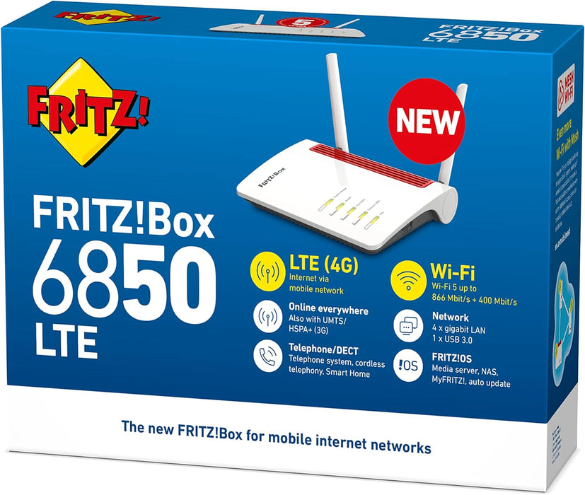 Fritz!Box 6850 LTE International - Modem LTE, Wi - Fi AC+N (866 Mbps 5 GHz y 400 Mbps 2,4 GHz) Mesh, 4 x LAN Gigabit, USB 3.0, centralita, VoIP, Base DECT, Interfaz en Español, Blanco/Rojo