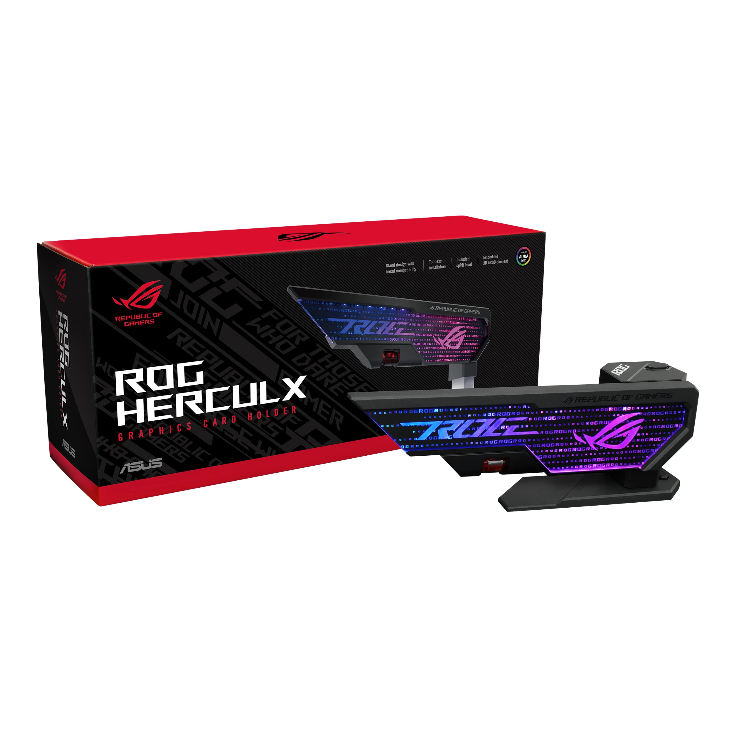 ASUS ROG Herculx Graphics Card Holder, Tool-free design, Included spirit level, Solid zinc alloy, 72-128mm, Aura Sync